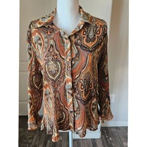 Vintage Pleated Paisley Blouse w/ Square Buttons & Glitter Vtg Size Large